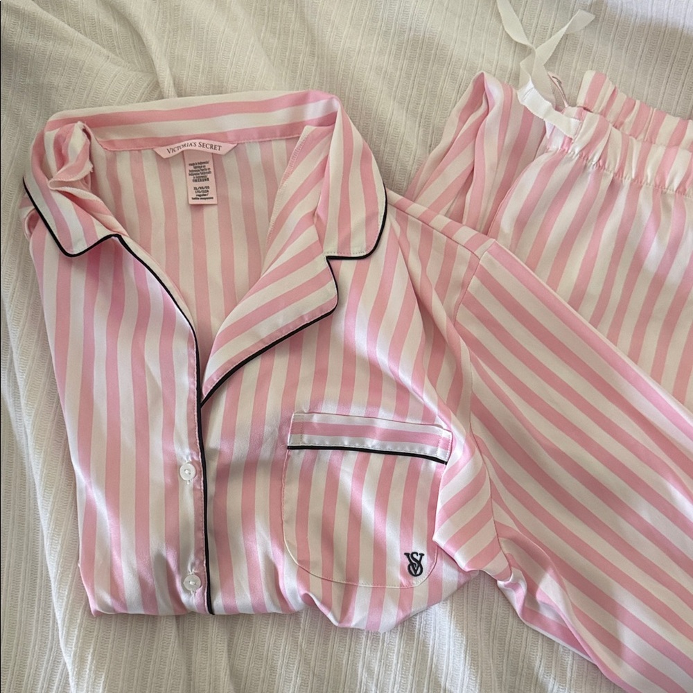 Victoria's Secret Pink & White Striped Satin Pajama Set XL